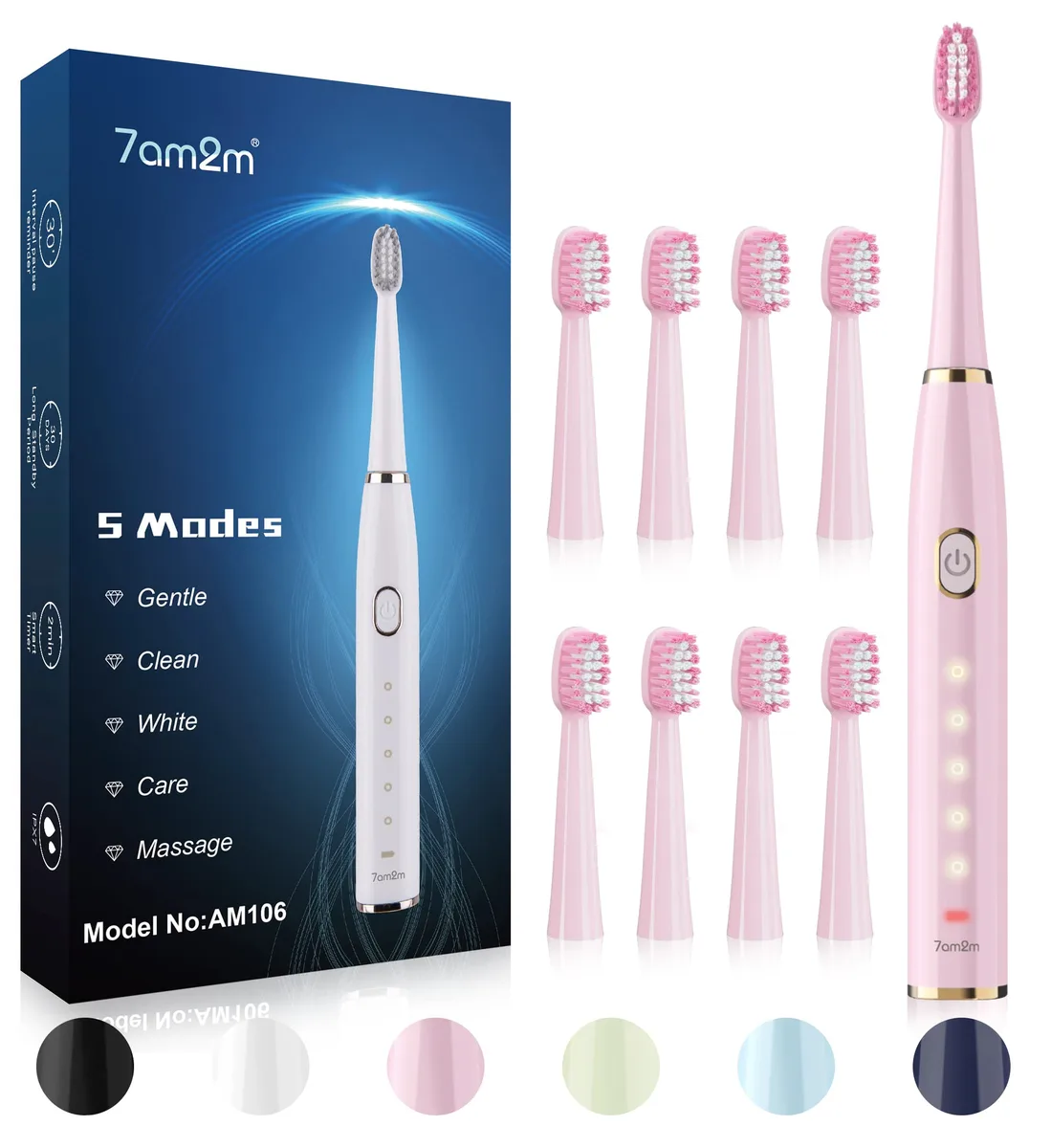Pink sonic electric toothbrush with brush heads