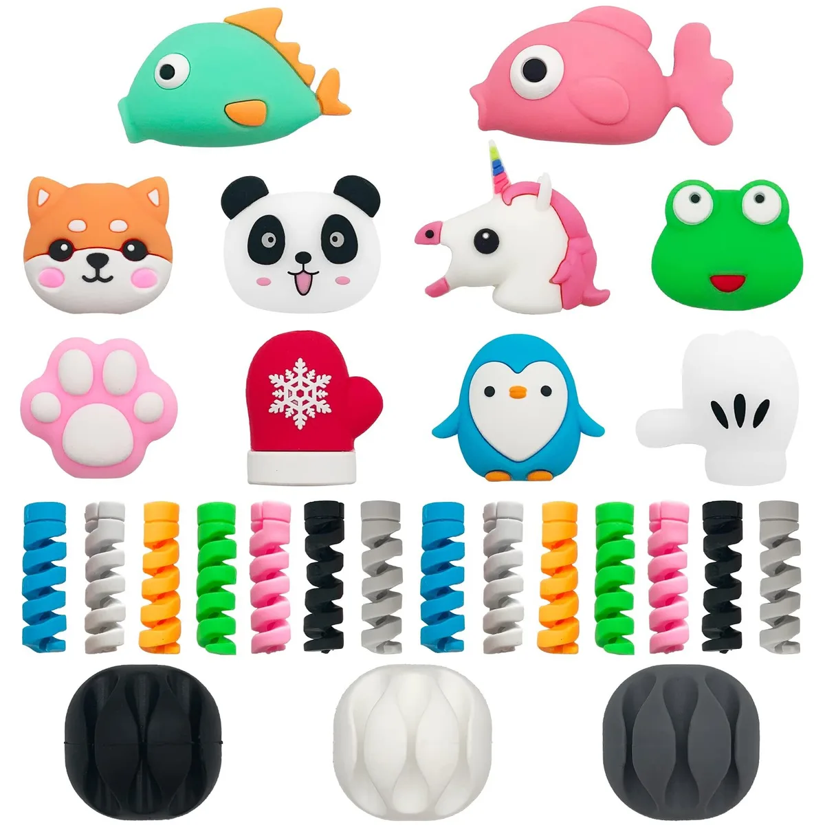 Set of 27 cable protectors in bright cartoon shapes and black spiral springs with adhesive clips