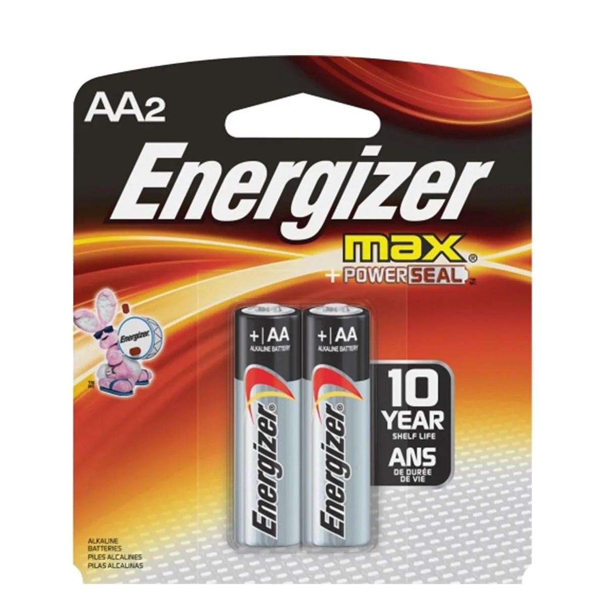 Two silver AA alkaline batteries in clear blister pack