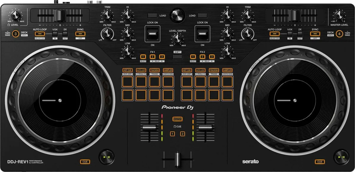 Pioneer DDJ-REV1 2-deck DJ controller with large jog wheels and battle-style layout