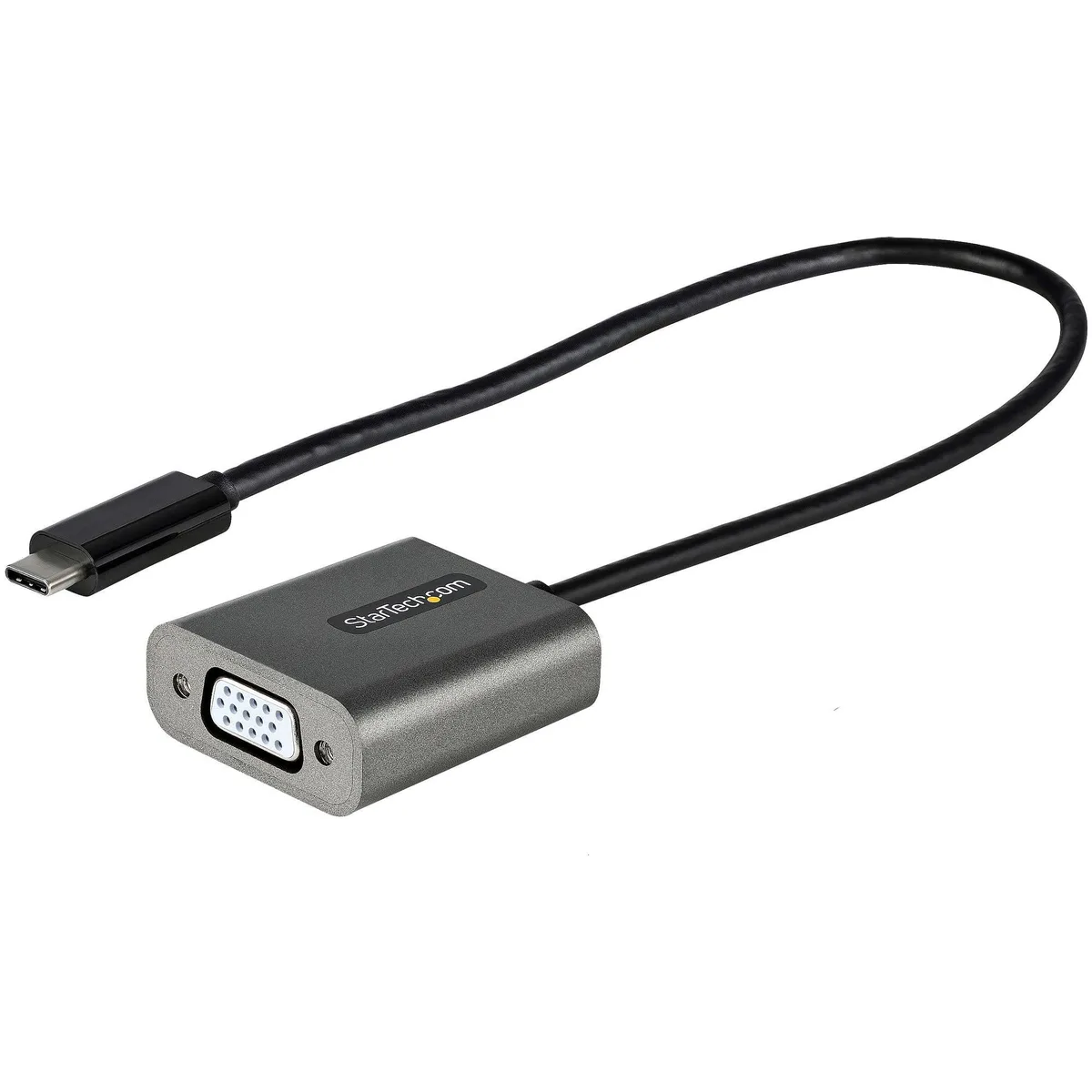 Black USB-C to VGA adapter with 12 inch attached cable