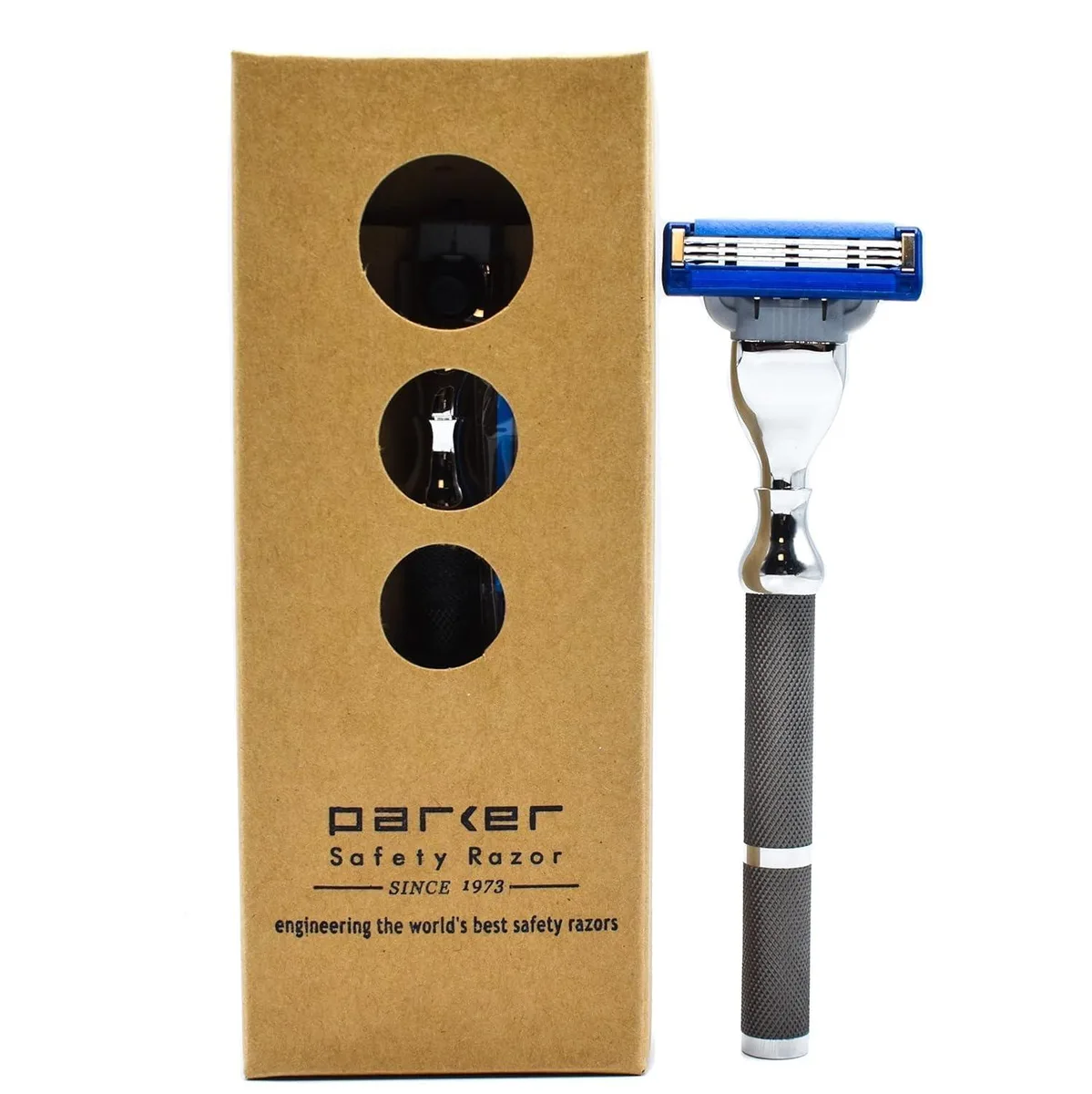 Graphite grey all-metal razor with textured spiral-cut handle and triple blade cartridge