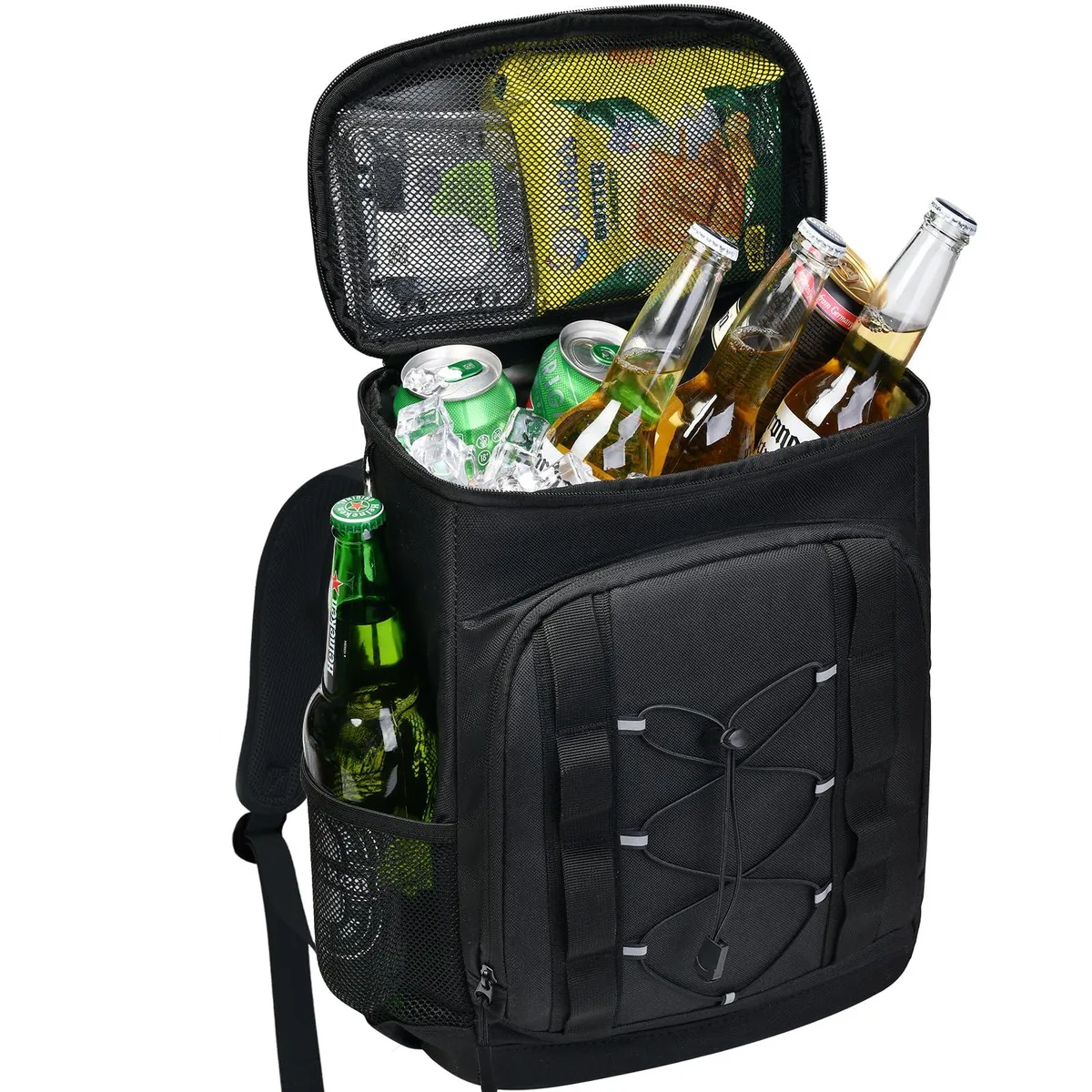 Black insulated backpack cooler, soft rectangular shape, padded shoulder straps, multiple external pockets