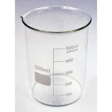 Clear glass low-form beaker with pour spout, 500mL capacity, 87mm diameter, 118mm height, pack of six