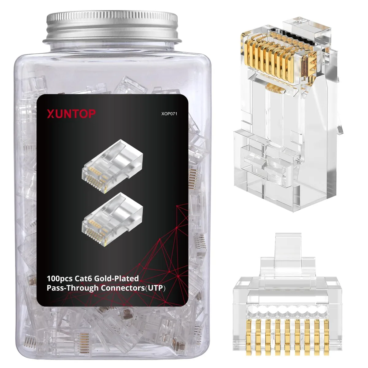  XUNTOP XOP071 RJ45 Cat6 Pass-Through Connectors 100-Pack — product photo