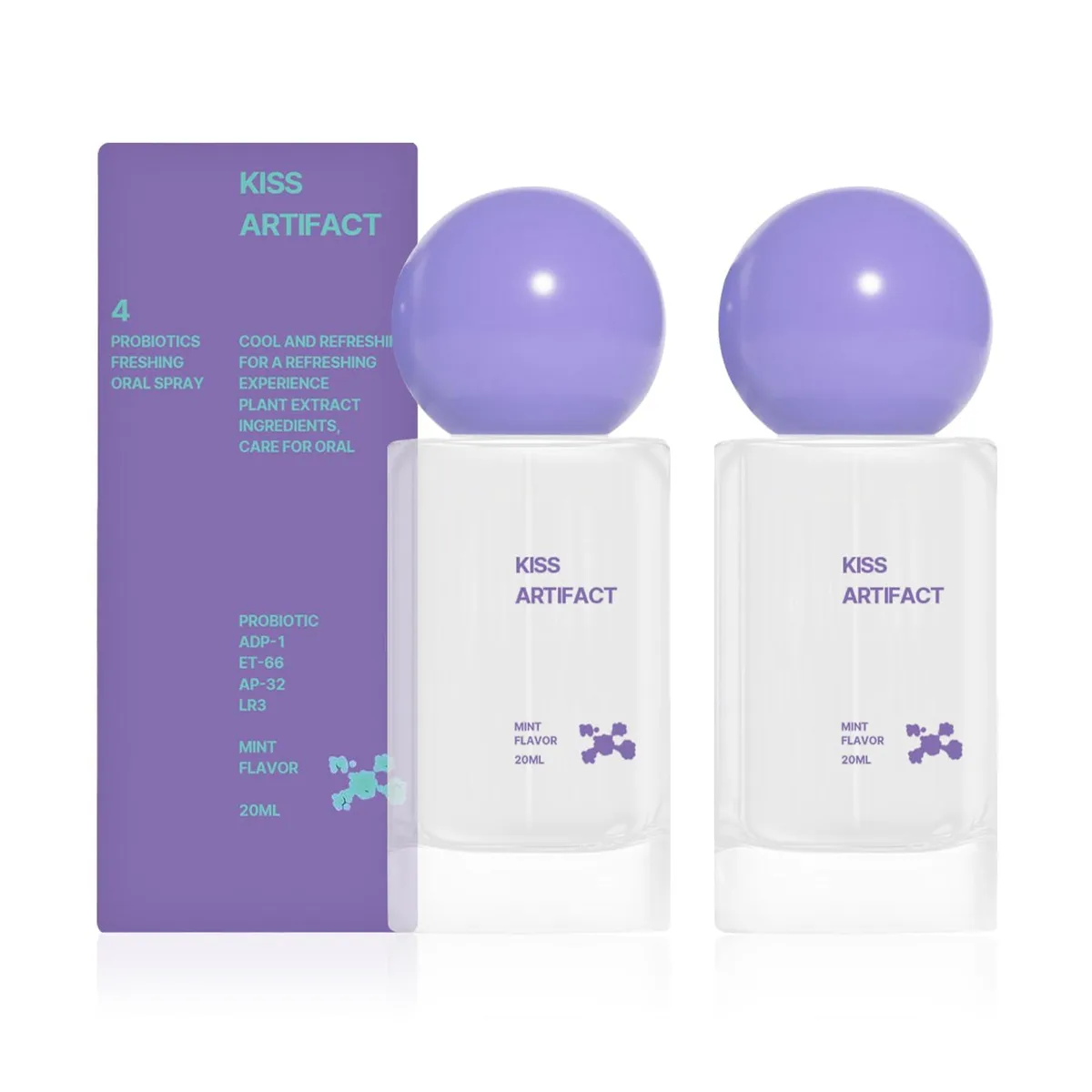 Two small white spray bottles with blue caps side by side