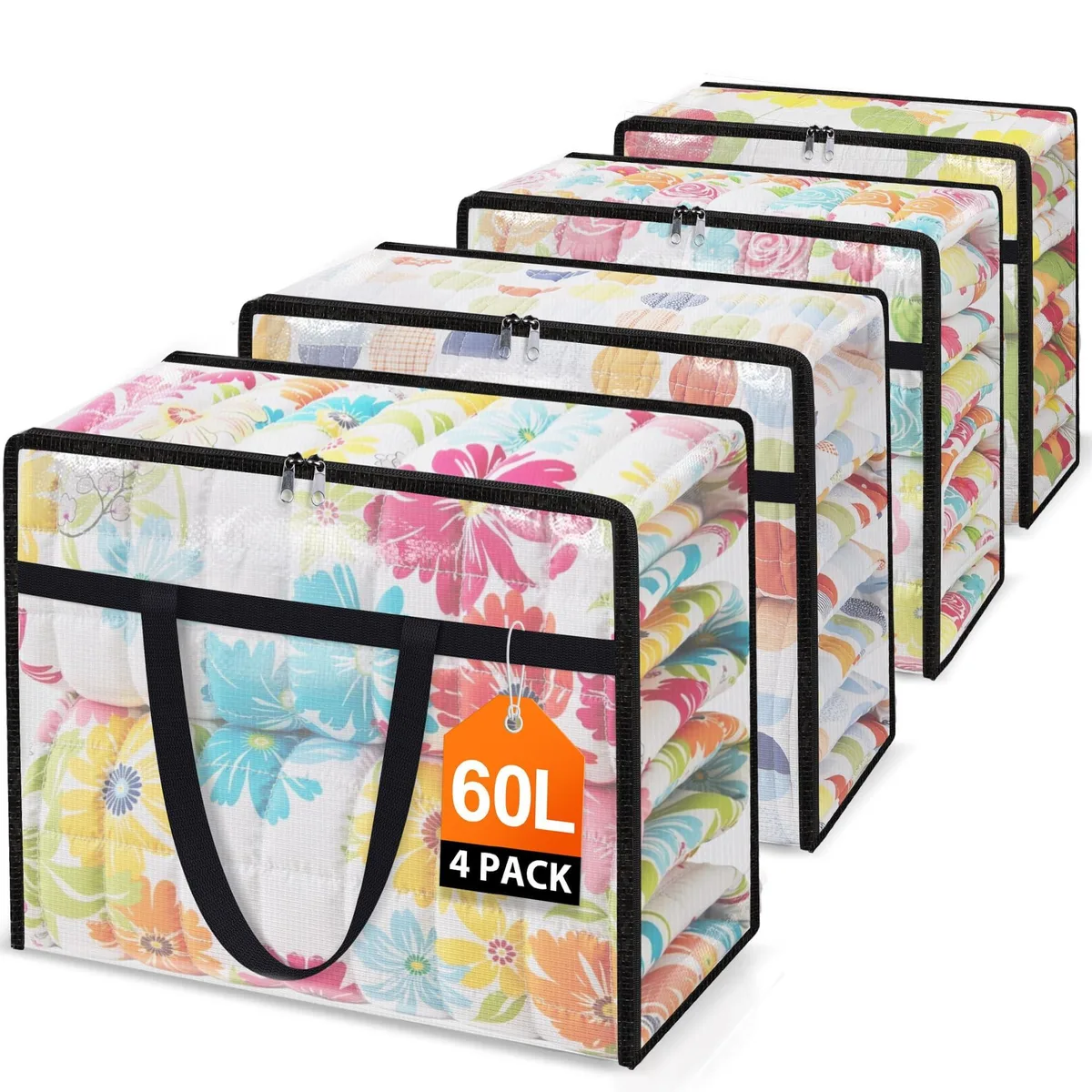 Four clear rectangular polypropylene bags with zipper closures and reinforced handles, folded flat