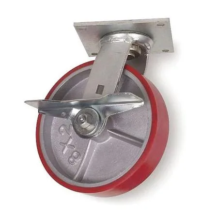 Red polyurethane swivel plate caster with side brake and aluminum core