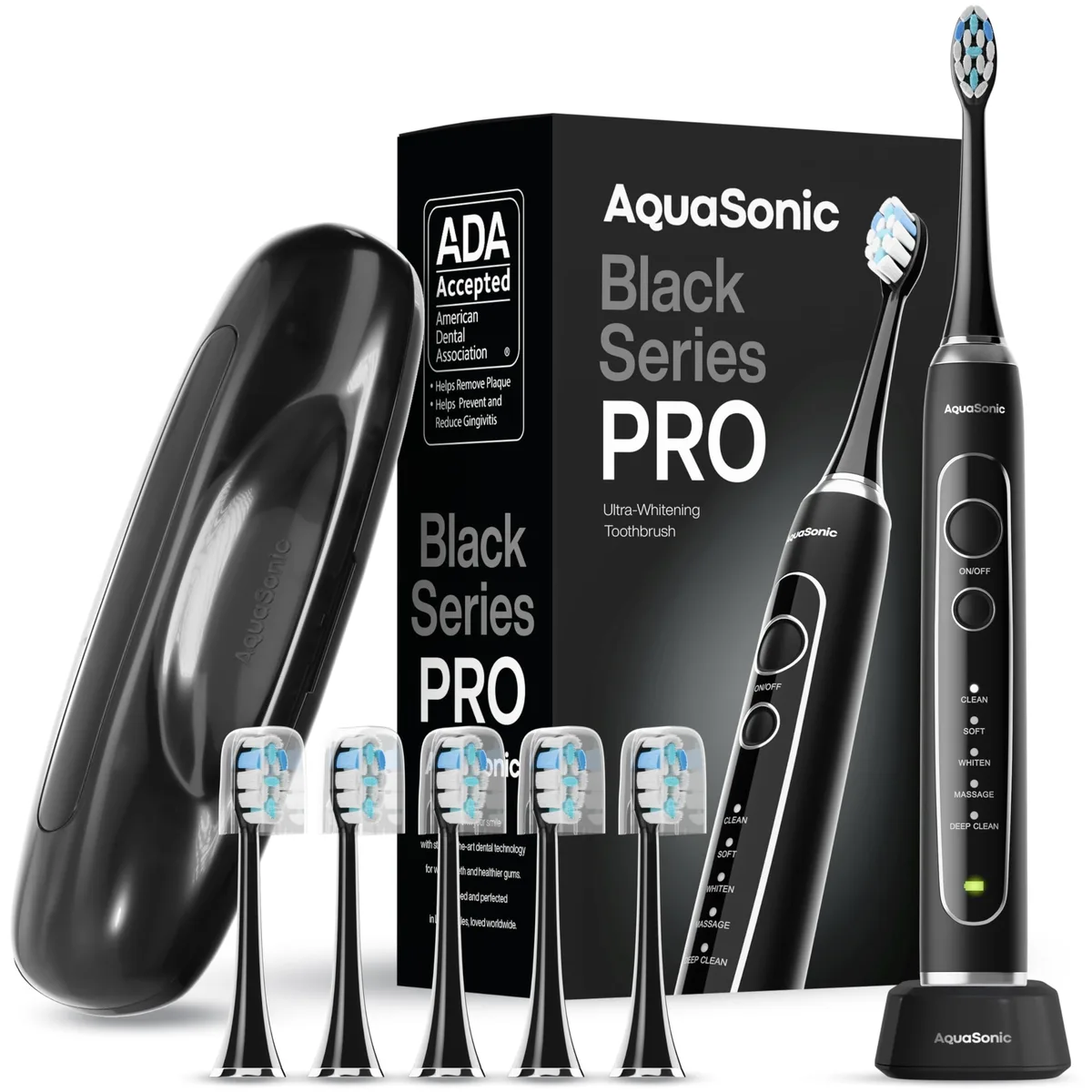 Black electric toothbrush with satin-touch handle, wireless charging base, travel case and six brush heads