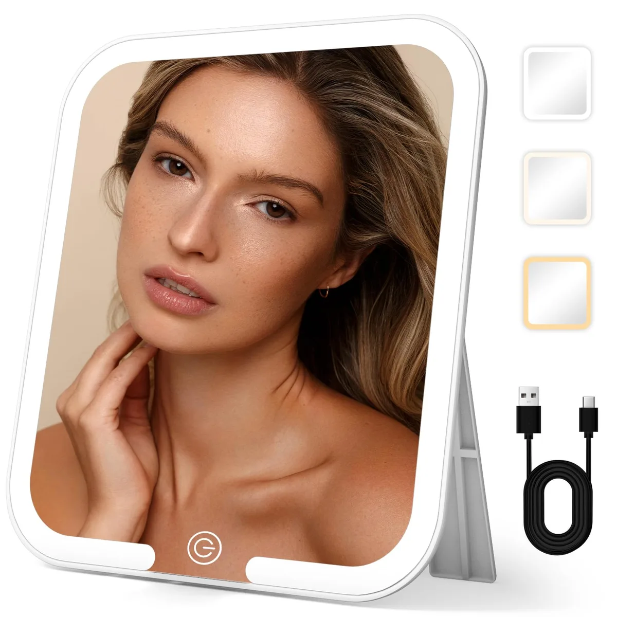 White rectangular tabletop makeup mirror with LED lights and 360° rotatable stand
