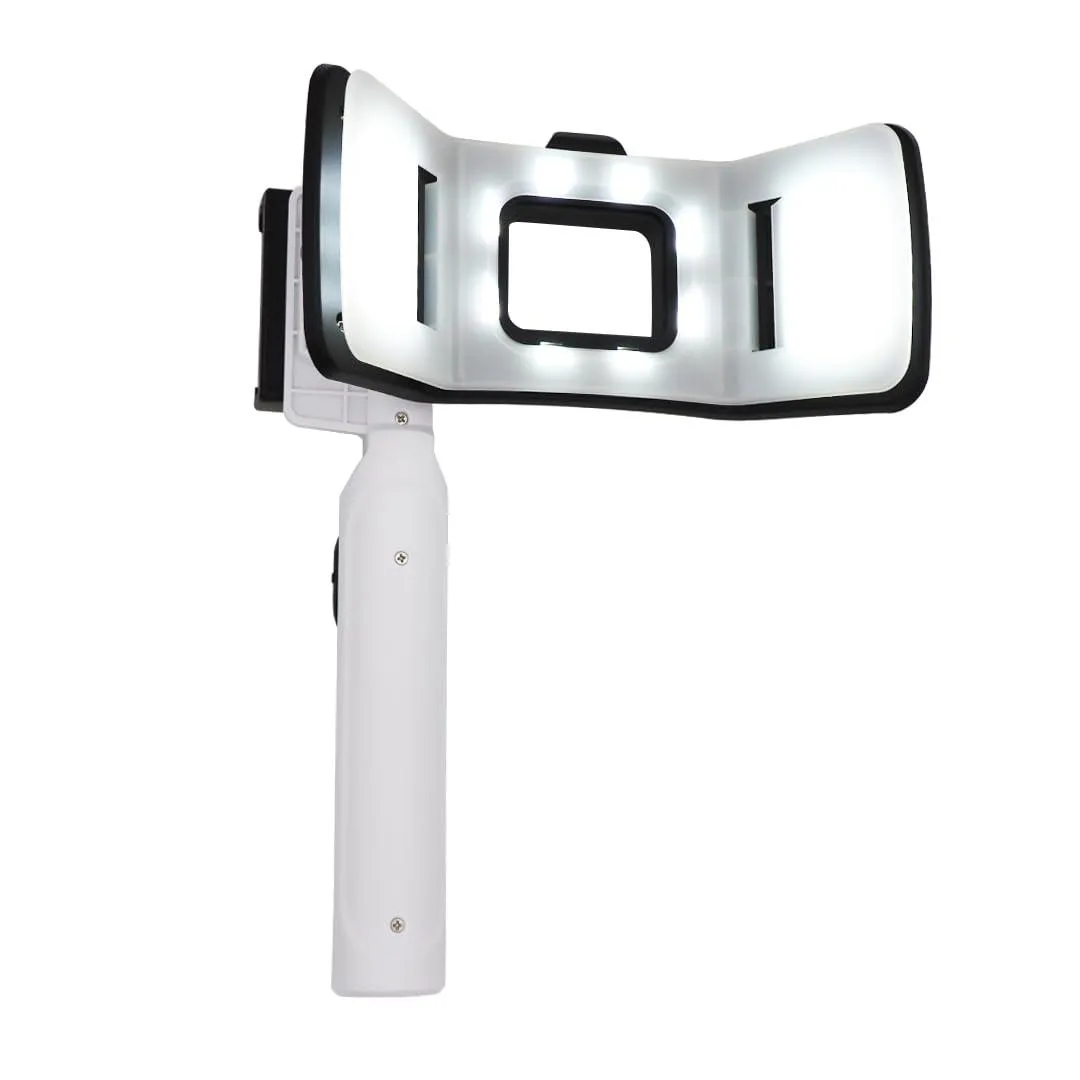 White rectangular LED dental photography light with ergonomic handle, adjustable phone holder