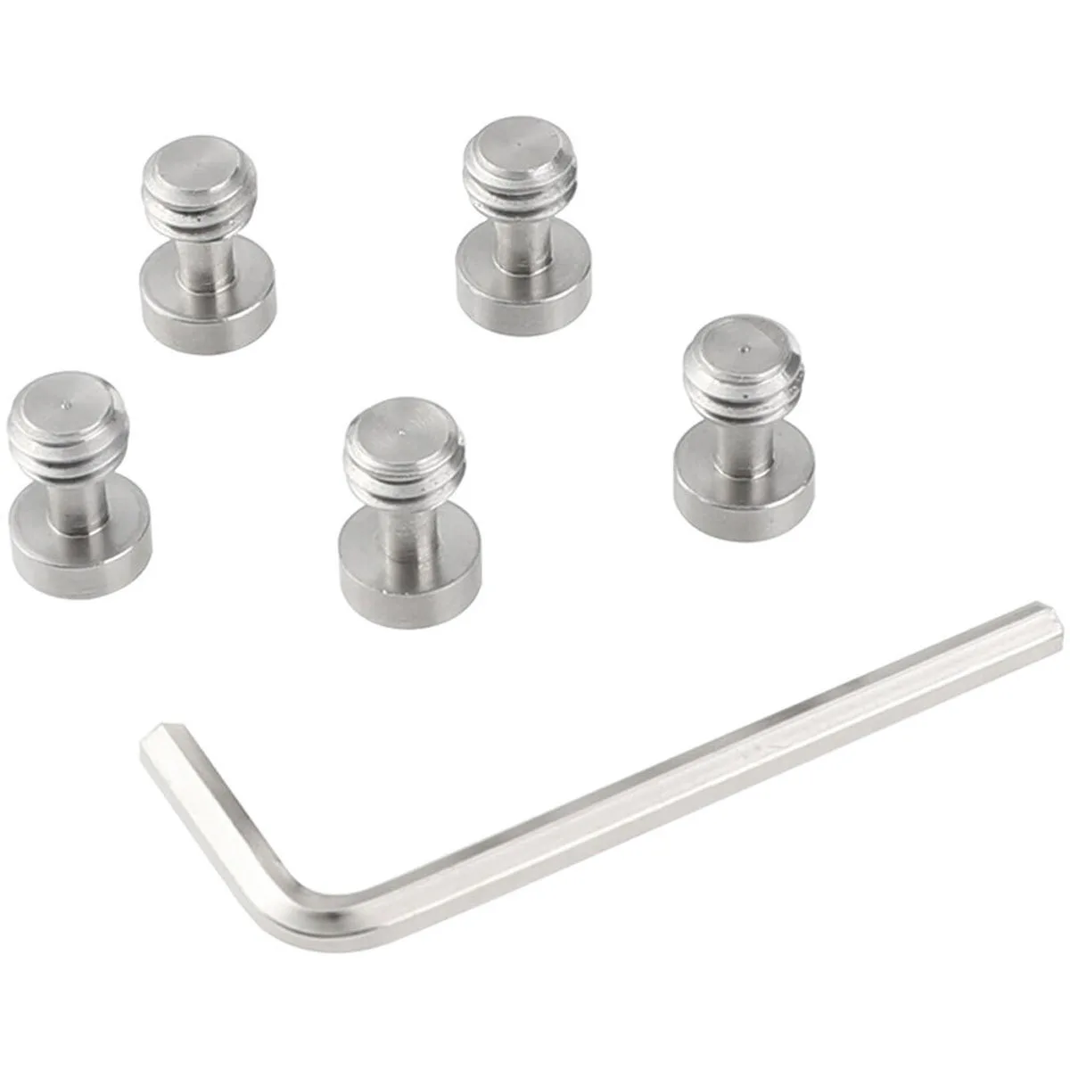 Five stainless steel 3/8"-16 male thread adapters with hex socket heads and an Allen key