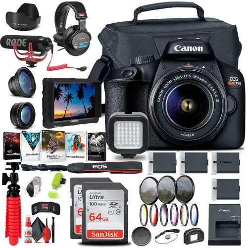 Canon Canon EOS Rebel T100 / 4000D DSLR Camera with 18-55mm Lens + Monitor + Mic + 2x 64GB Cards + Bag — product photo