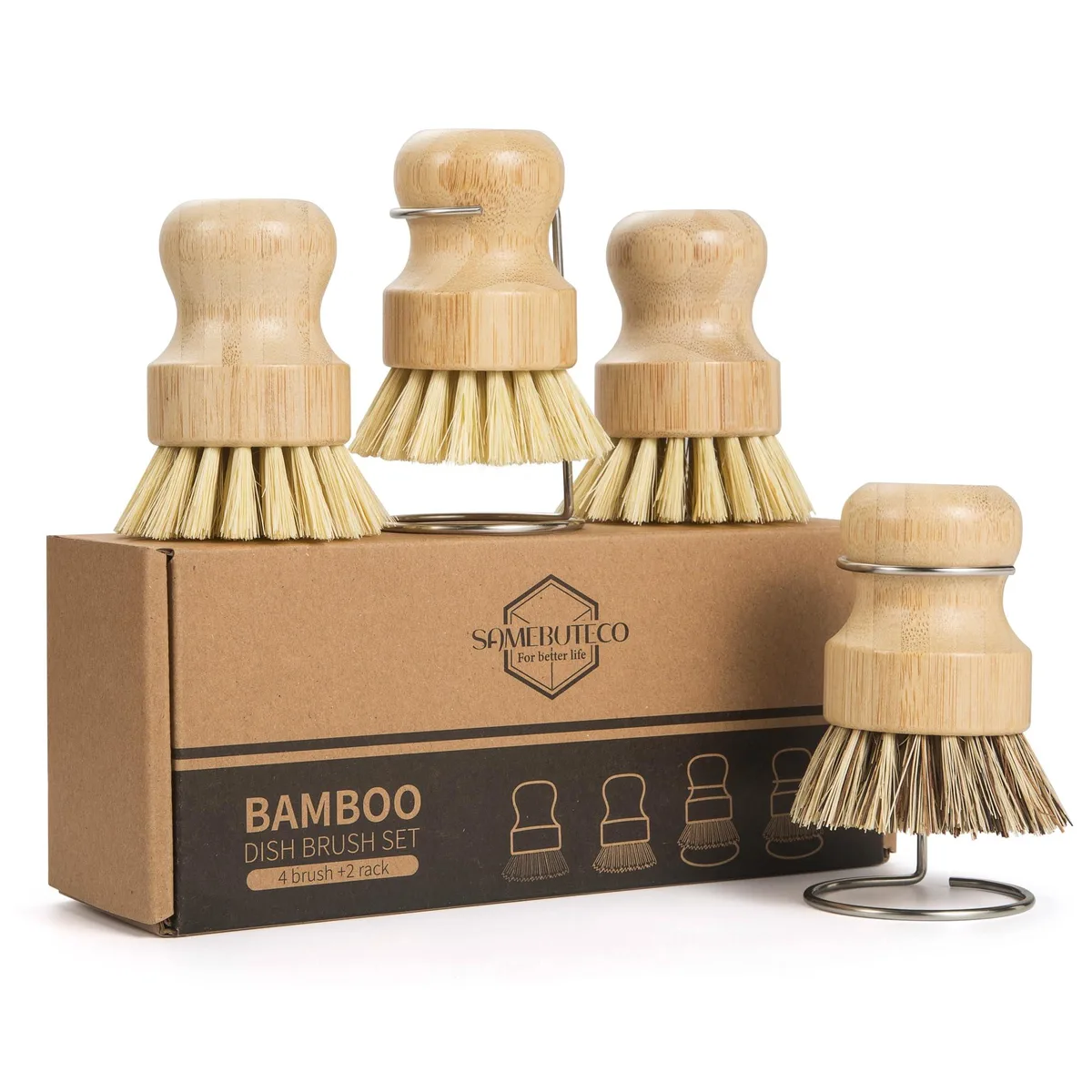 Six bamboo brushes and two steel holders on a countertop