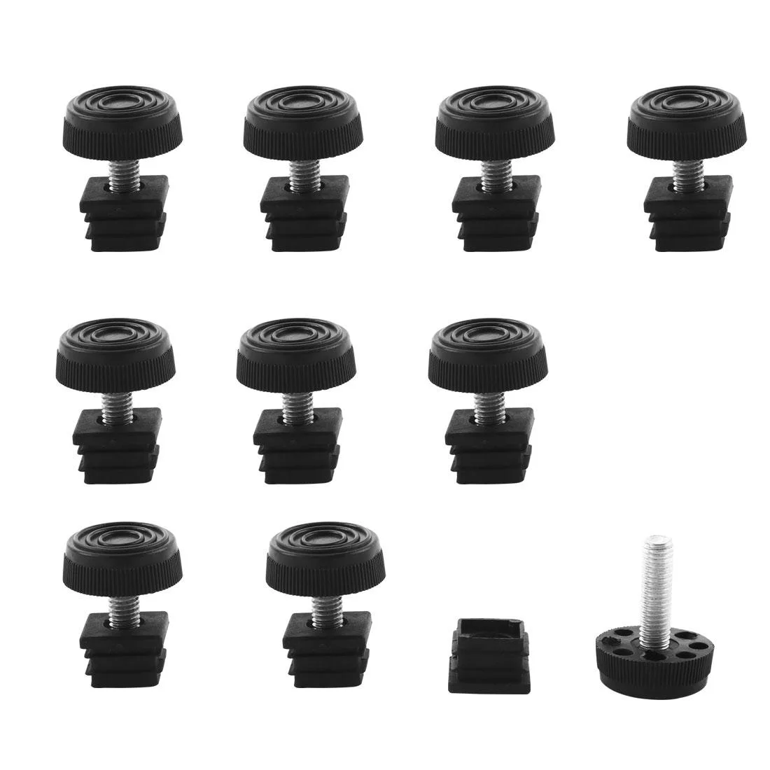 Ten sets of square tube inserts with threaded feet and plastic bases
