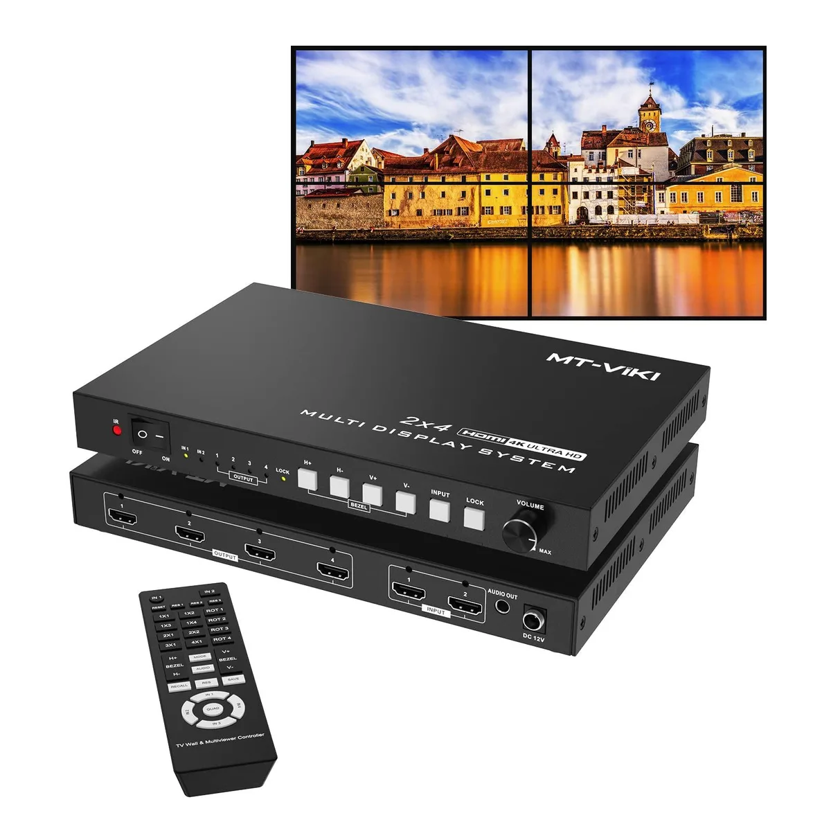 Compact black metal box with front panel buttons, rear HDMI ports and 3.5 mm audio jack