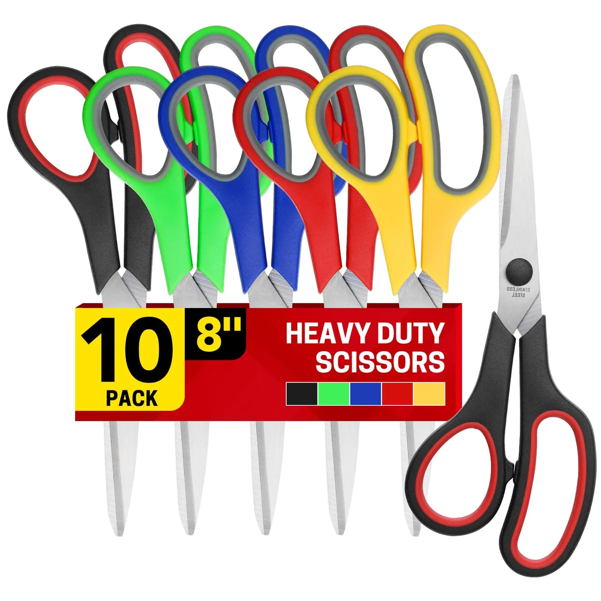 Ten eight-inch stainless-steel scissors with coloured ABS handles