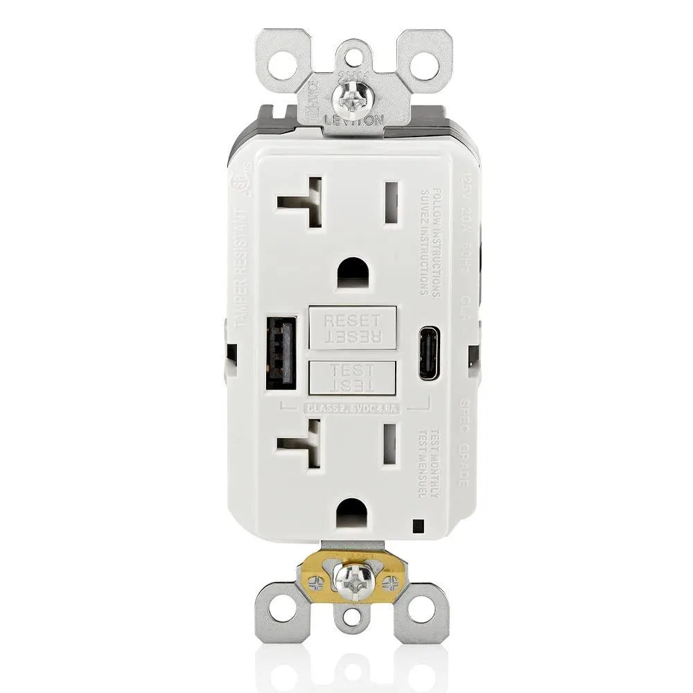 White rectangular in-wall GFCI outlet with USB-A and USB-C charging ports, status indicator light, Decora style face