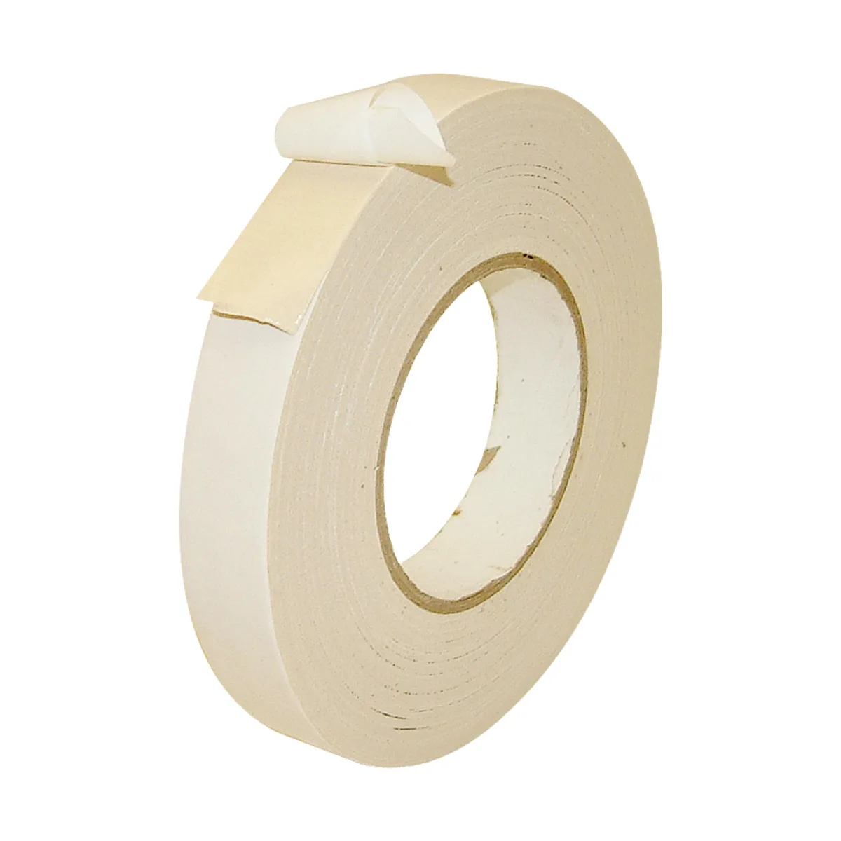 Beige double-sided cloth tape roll on white liner