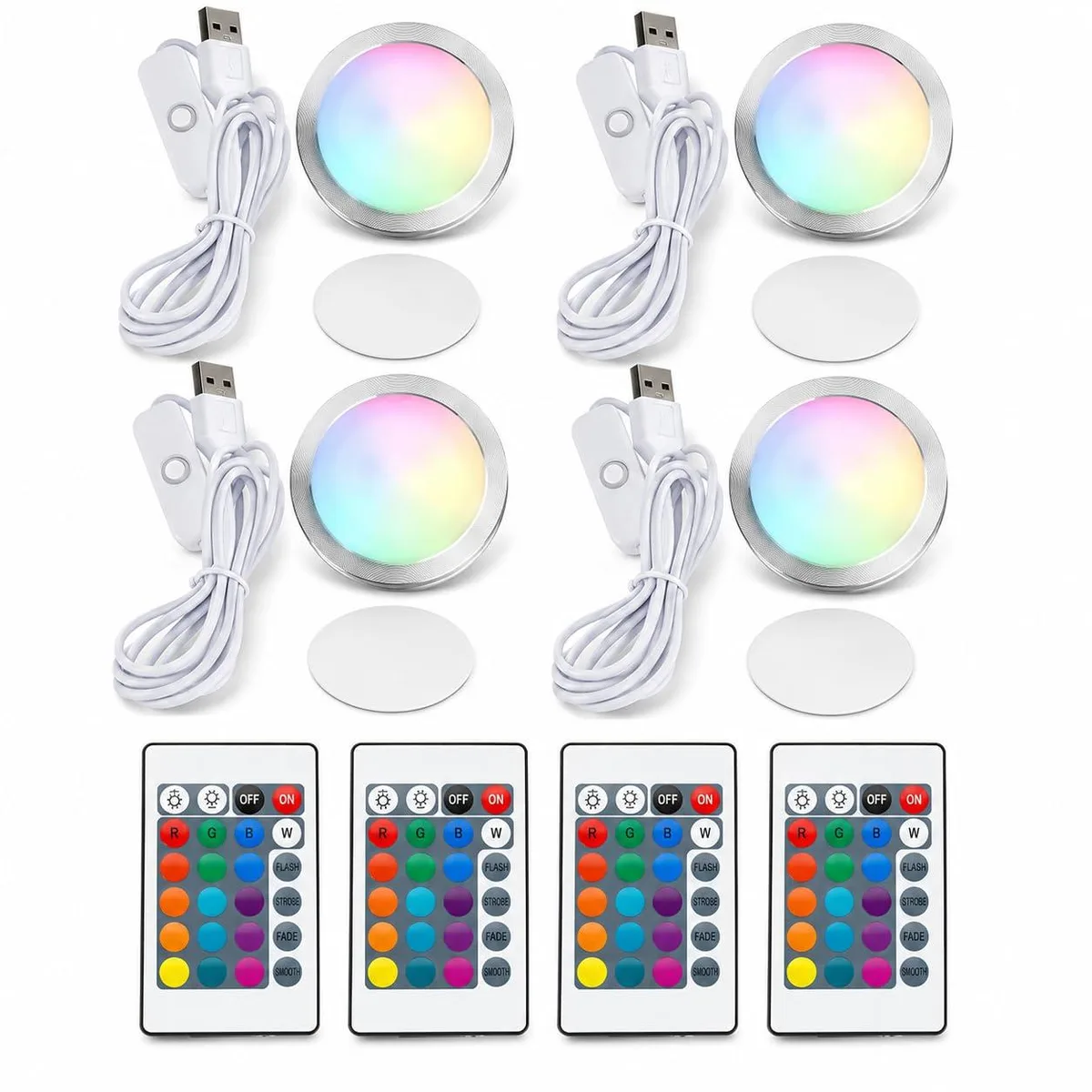 Four aluminium LED bars with 1.5m USB cables and a remote control