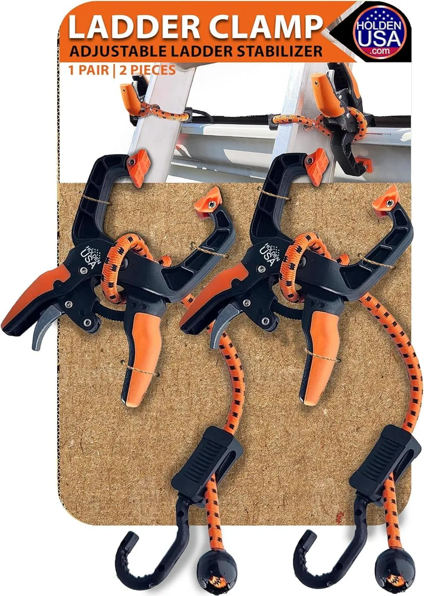 Pair of metal ladder stabilizer clamps with heavy-duty clips and connecting cord