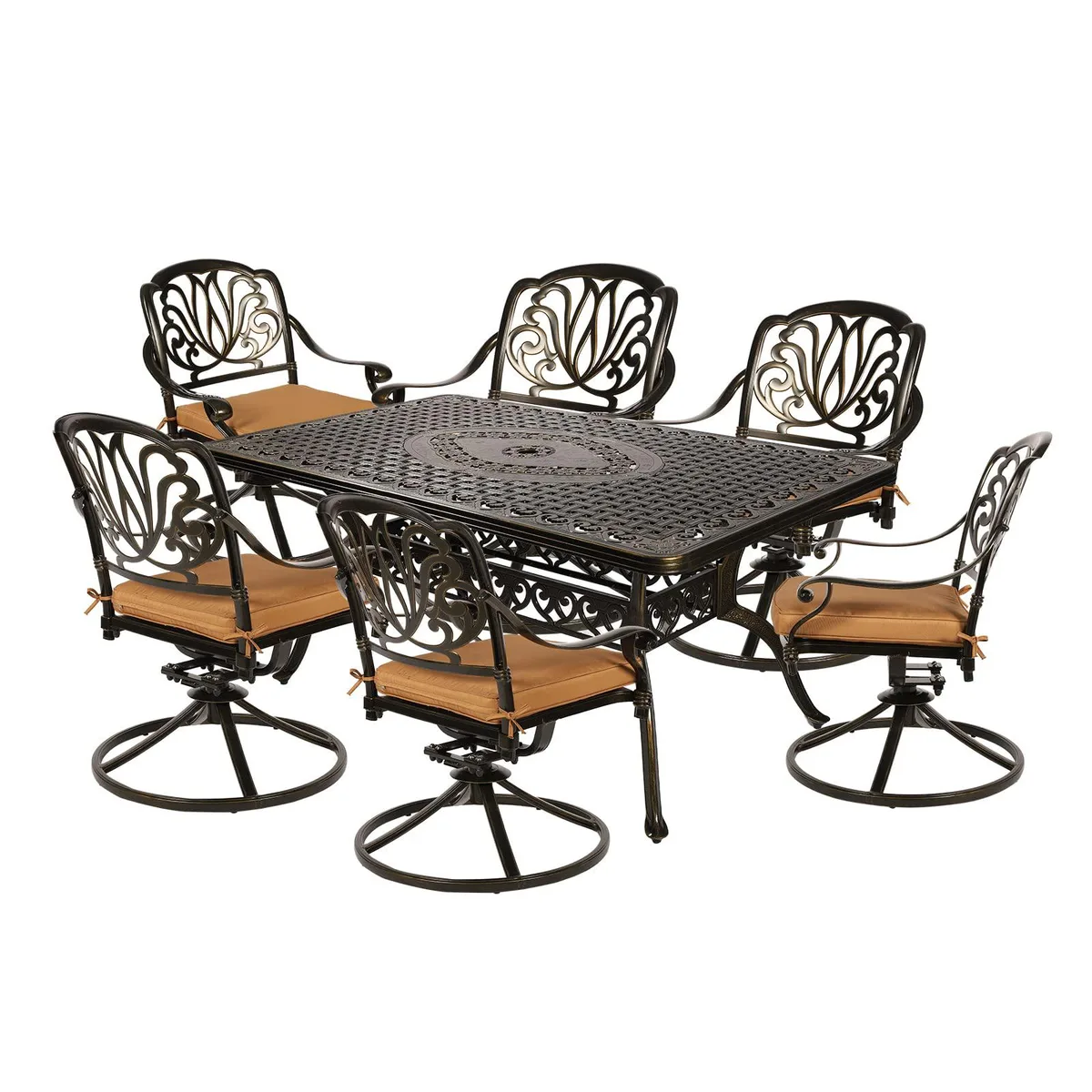 MEETWARM MEETWARM 7-Piece Patio Dining Set Cast Aluminum 6 Swivel Rocker Chairs Rectangular Table 2" Umbrella Hole — product photo