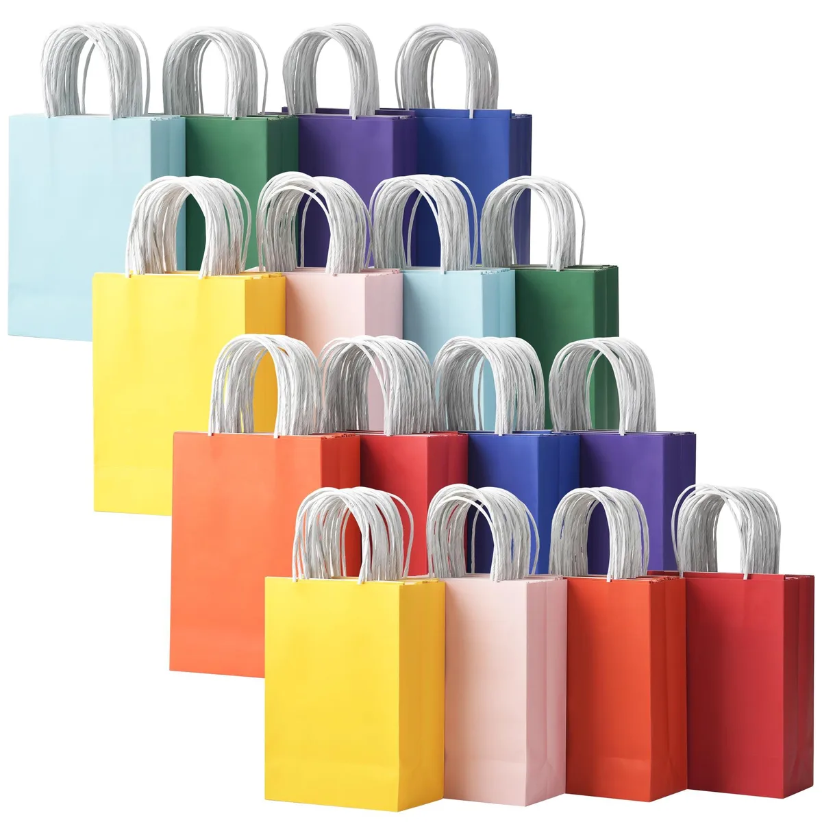 Box of 32 small kraft paper gift bags with handles in eight bright colours