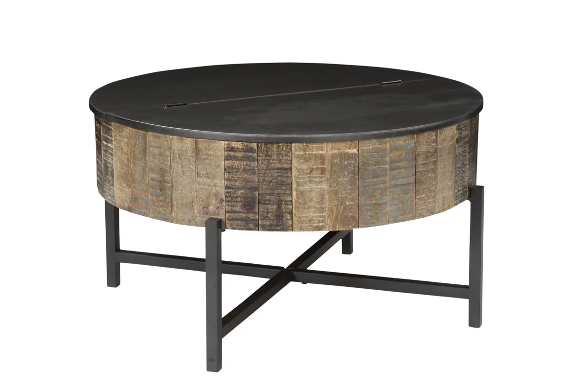 Rectangular mango wood coffee table with rustic vintage finish and black iron base, pressure hinges visible