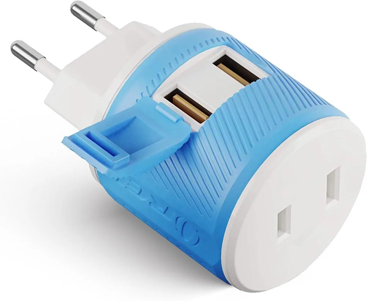 Compact blue Type C travel adapter with dual USB ports and one AC outlet