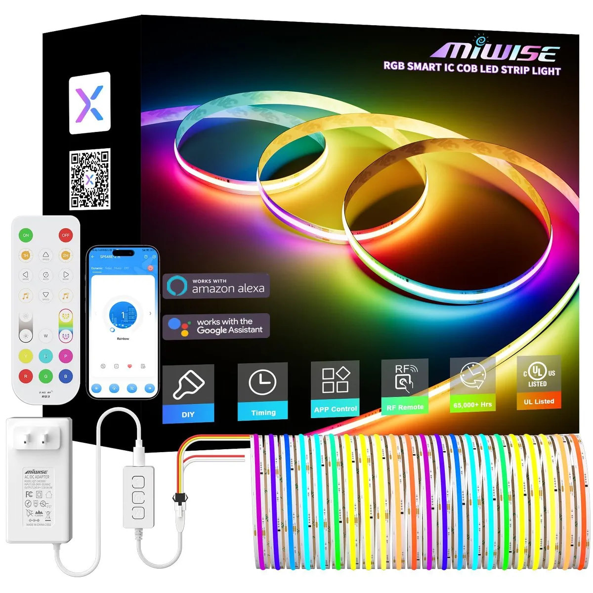 A 32.8ft RGB COB LED strip kit with controller, remote and power supply, flexible plastic tape on a reel