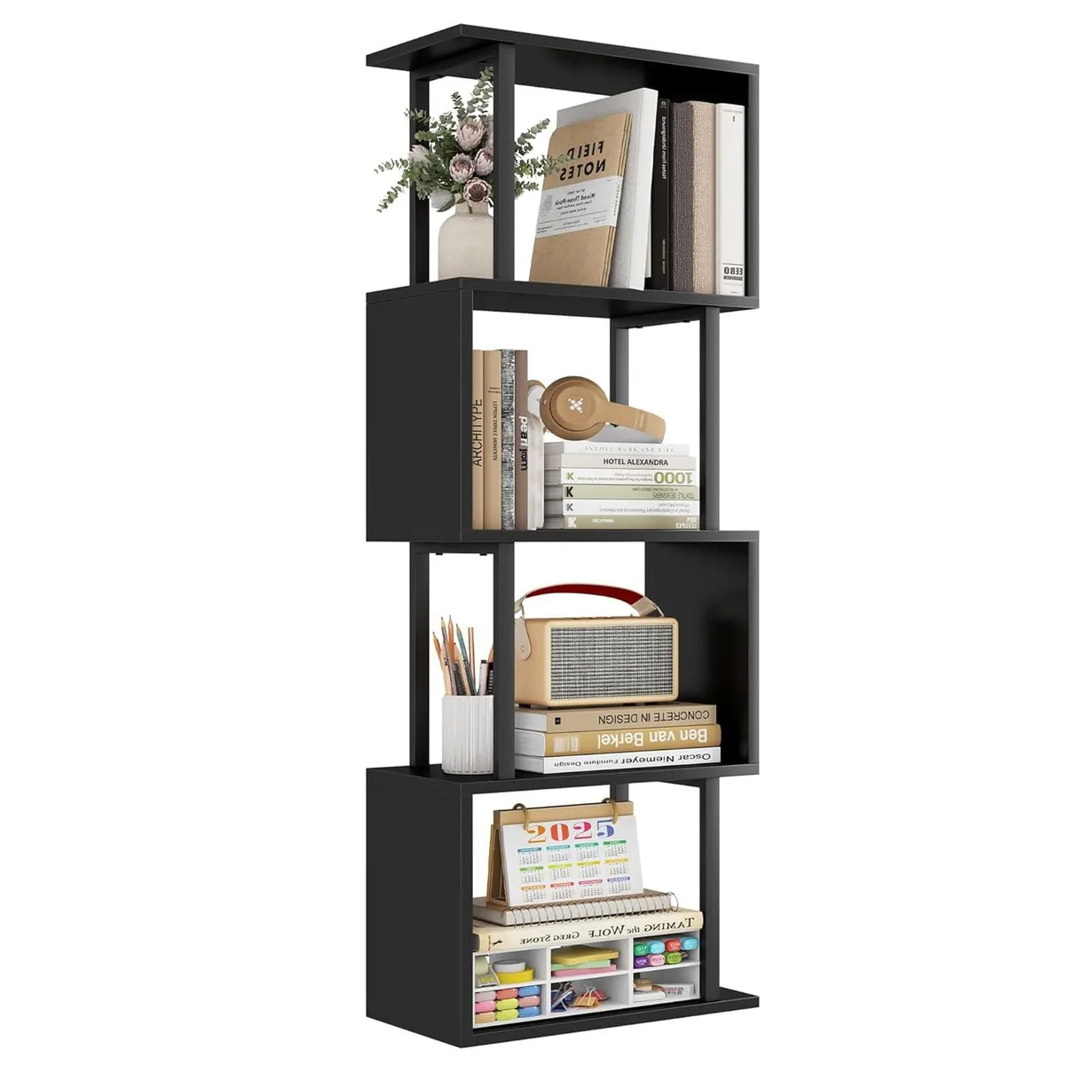 Black four-tier S-shaped wood shelving unit with metal frame, freestanding