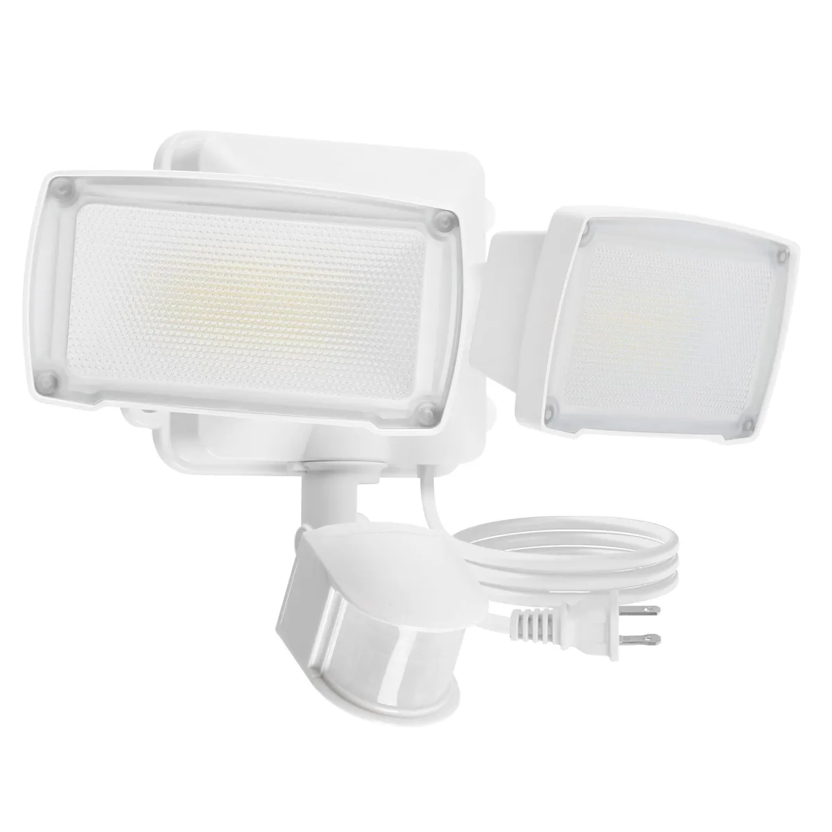 White rectangular flood light with two adjustable heads and a built-in motion sensor