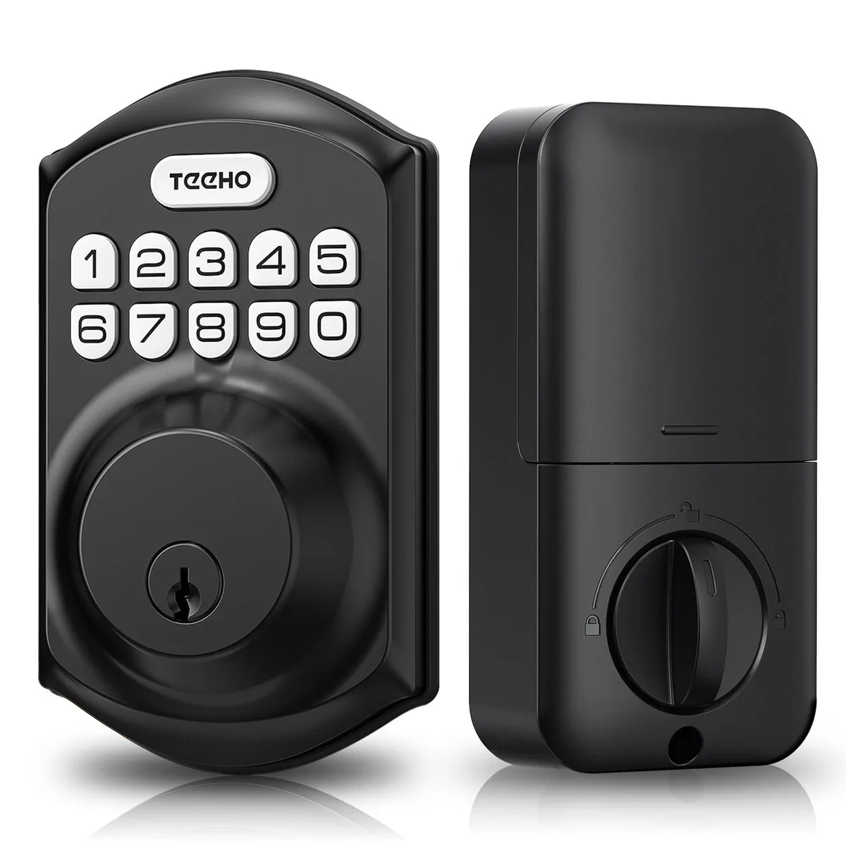 Matte black metal keyless door lock with keypad, rectangular form factor