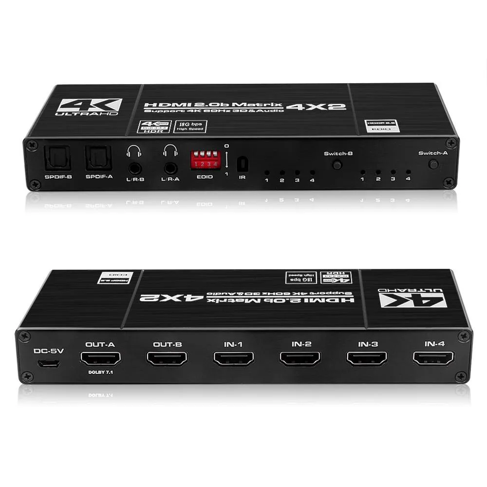 Black rectangular HDMI matrix switch with four inputs and two outputs