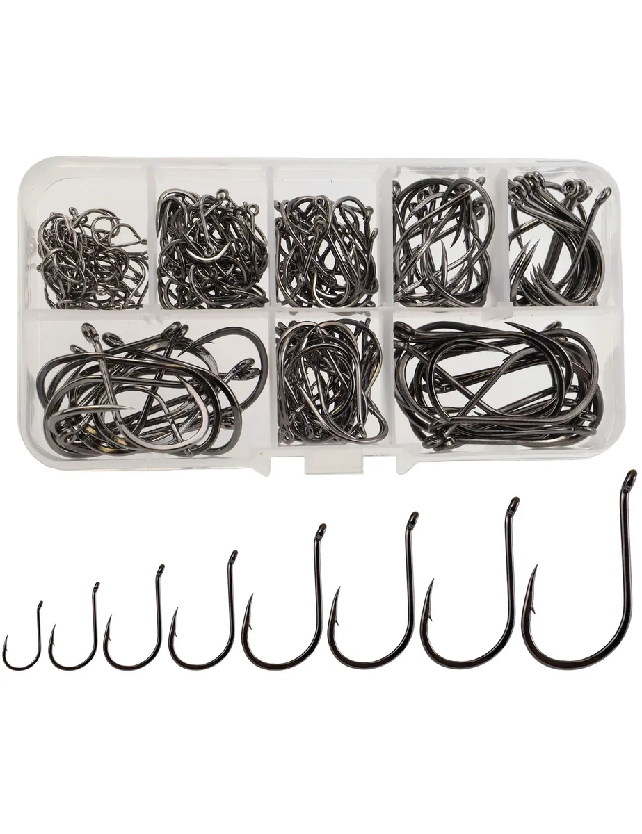  Beoccudo Fishing Hooks Set Large Size 220pcs 8 Sizes 6#-22# Carbon Steel Black — product photo