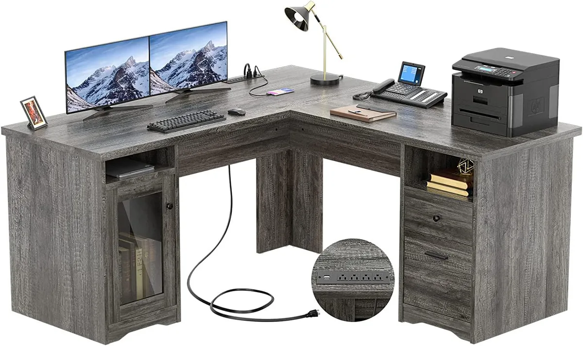 BFKK BFKK L-Shaped Desk 60 Inch Black Oak with USB Power Outlets and File Cabinet — product photo