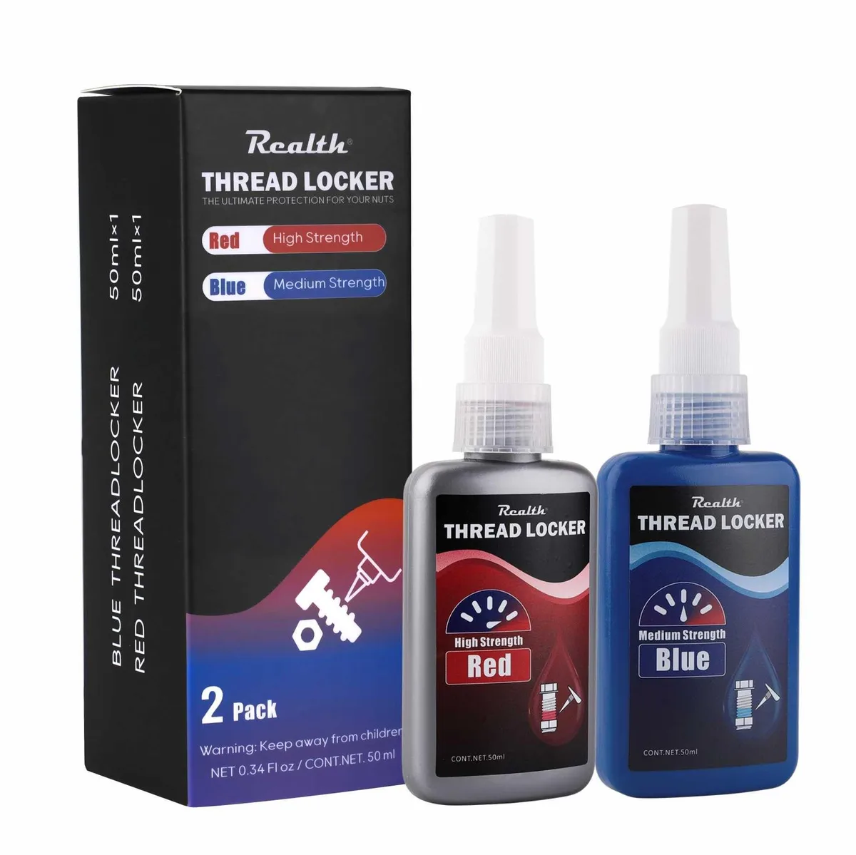 Two 50ml bottles of blue and red threadlocker with precision nozzles