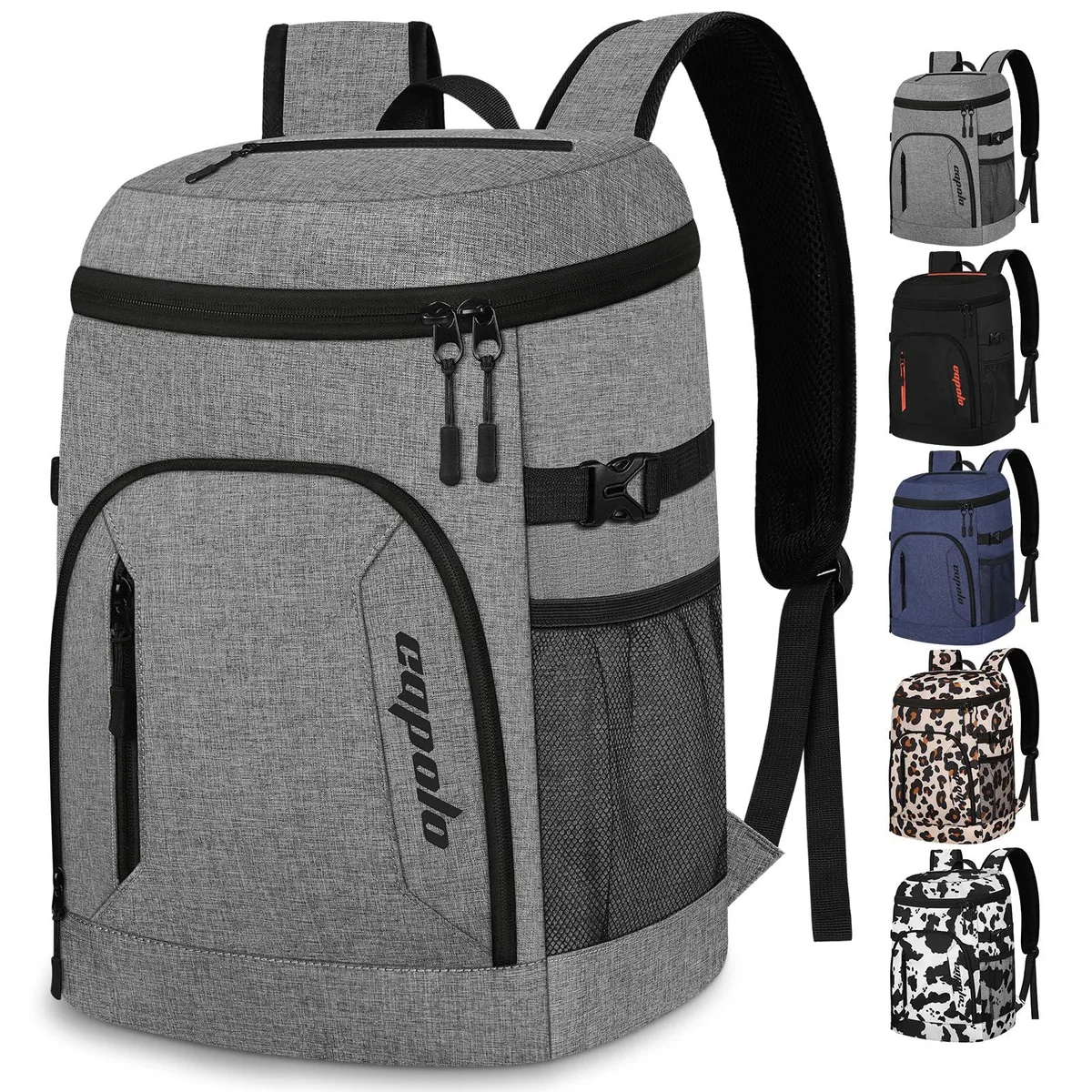Grey insulated backpack cooler with padded straps and multiple zippered compartments