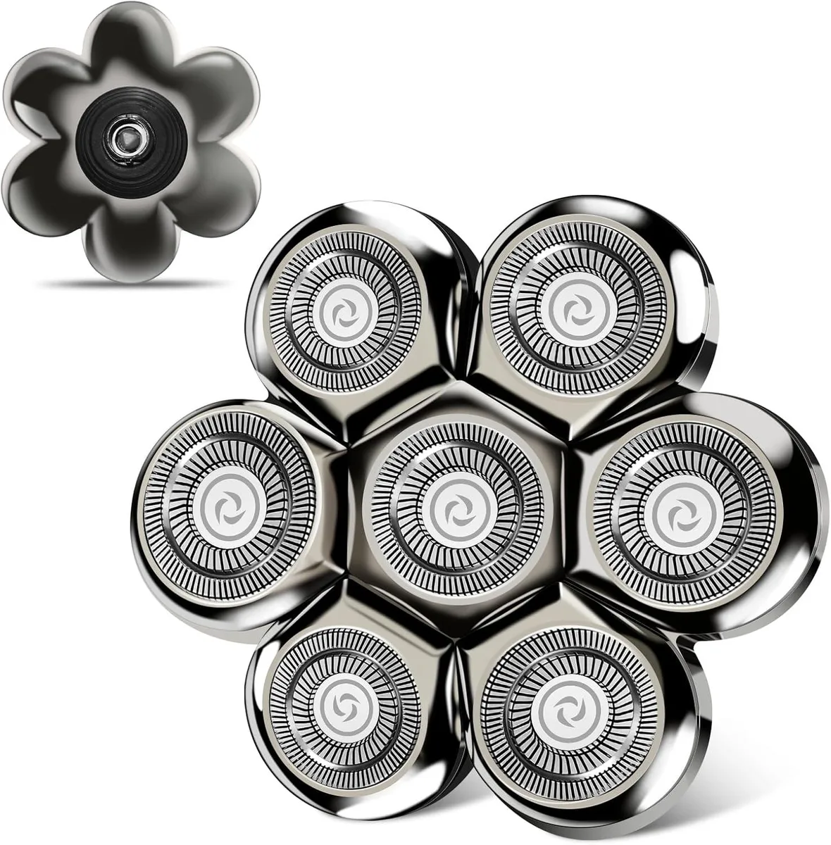 Silver metal replacement shaver head with seven round floating blades arranged in a circle