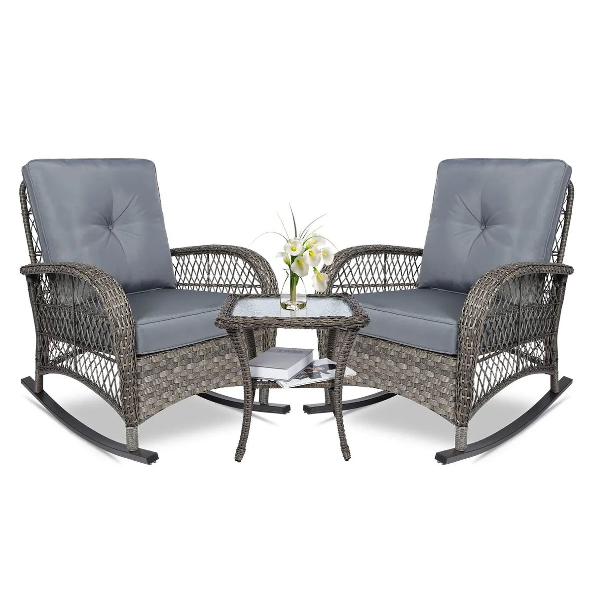 MEETWARM MEETWARM 3-Piece Wicker Rocking Chair Set Gray — product photo