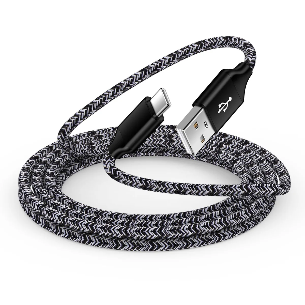 Black USB-A to USB-C cable, six feet long, male-to-male connectors