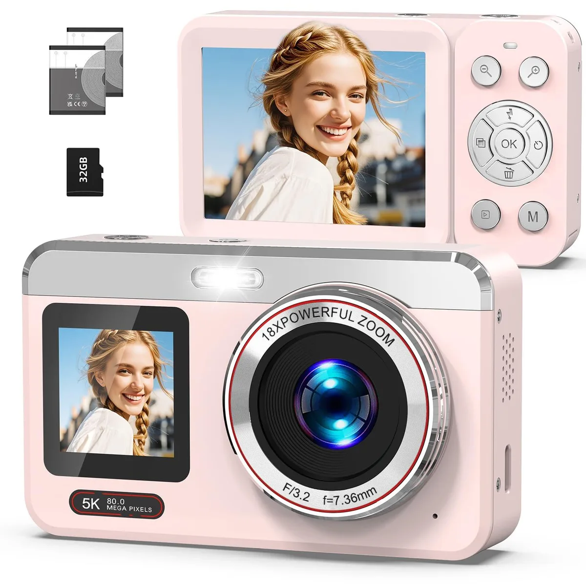  Hoorola CS05 80MP 5K 18X Zoom Dual Screen Point &amp; Shoot Camera Pink — product photo