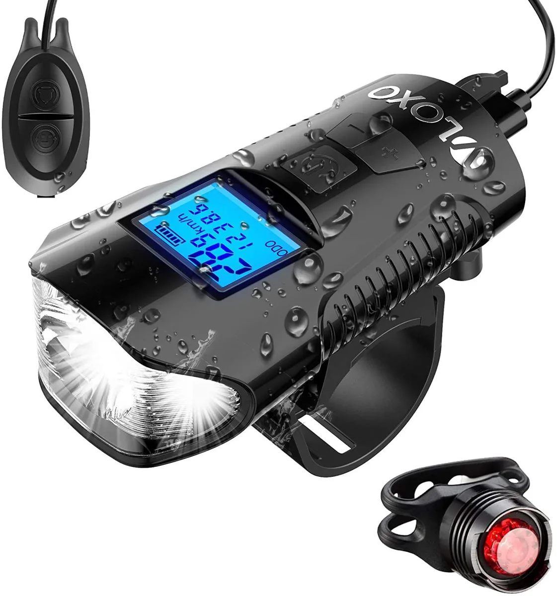  VLOXO 5-in-1 Bike Computer Set Black IP65 800lm 120dB — product photo