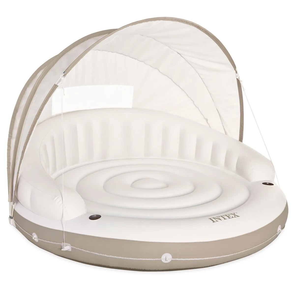 White and tan rectangular inflatable pool float with detachable canopy and built-in cup holders