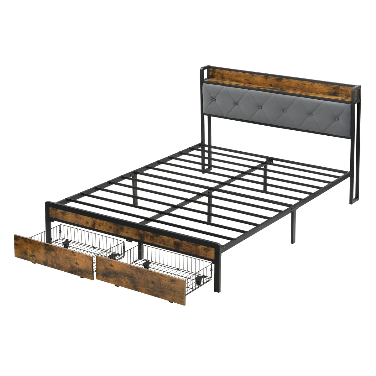 tuphen tuphen Queen Bed Frame with LED Lights, Upholstered Headboard, 2 Drawers, USB Charging, Grey — product photo