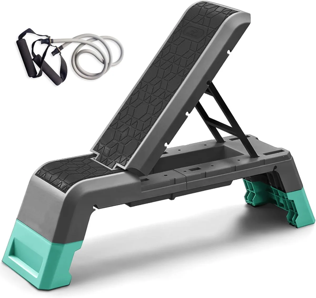 Black plastic aerobic deck with textured top, rubber feet, resistance band and folding frame