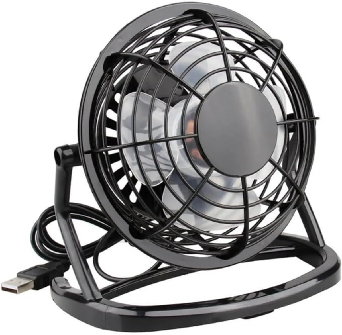 Small black desktop fan with detachable cover and non-slip base