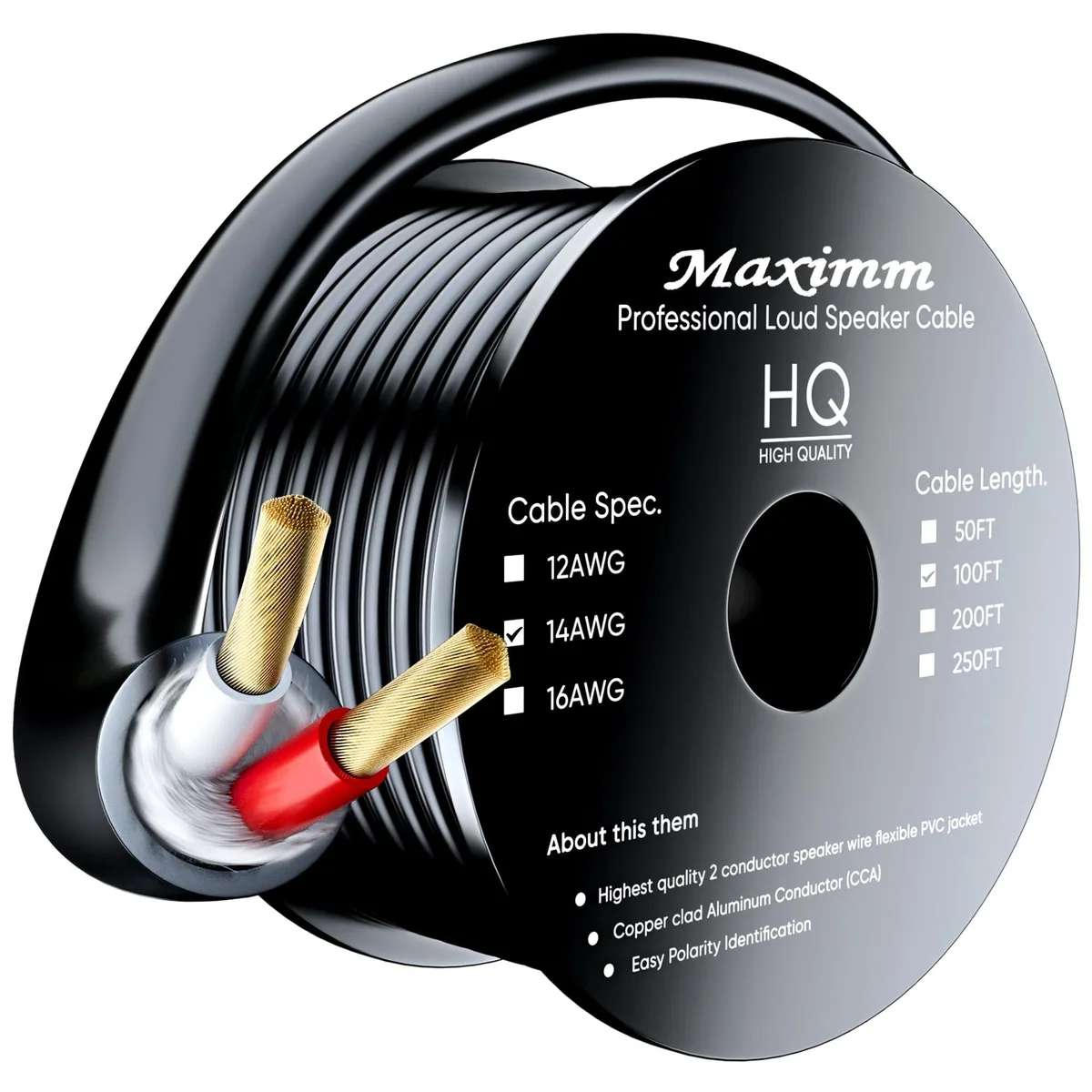 maximm maximm 14AWG CL3 Speaker Wire 100 Feet Black CCA 2-Conductor Banana Plugs 2 in 1 Accessory — product photo