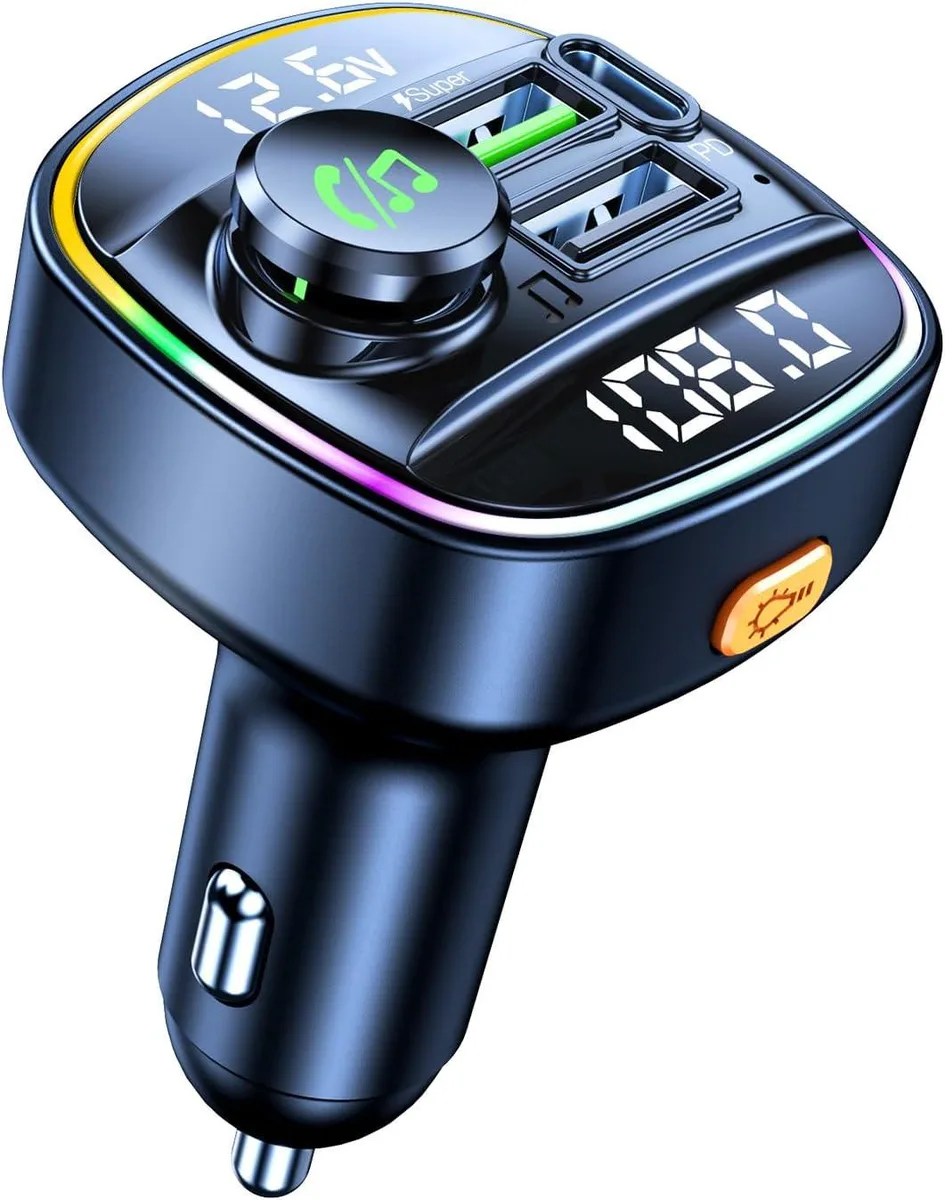 AUTYUE AUTYUE Bluetooth 5.3 FM Transmitter Car Charger PD 20W QC 3.0 22W Dual Screen 7-Color LED Black — product photo