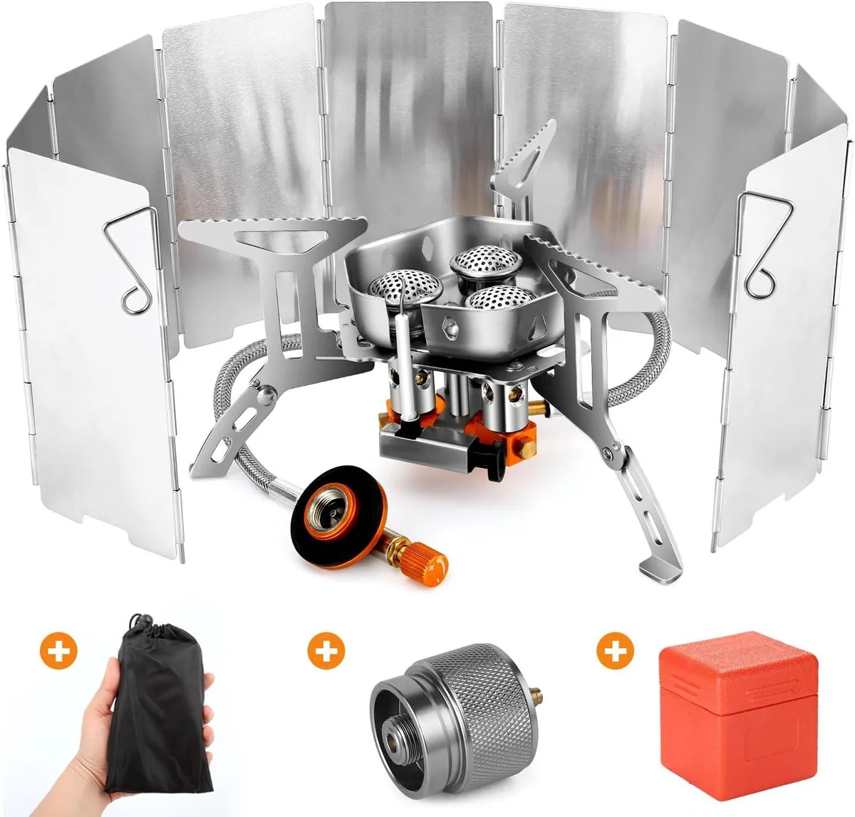 Silver folding camp stove with windscreen and piezo igniter in carry case